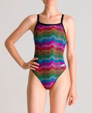 Black / Multicolor Arena Multicolor Stripes Challenge Back One Piece | QNVZELK-76