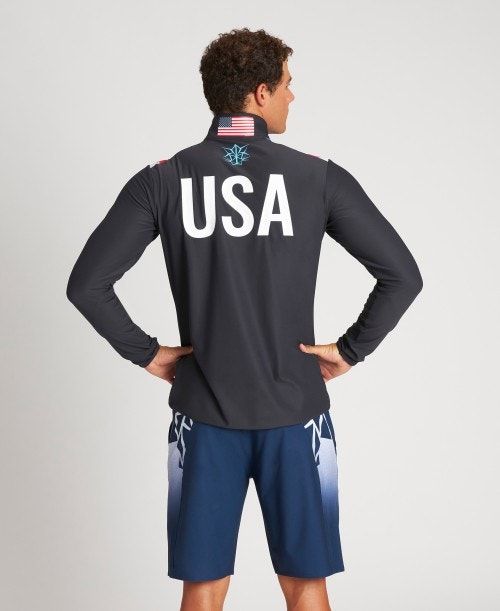 Black Arena Usa Swimming Team Kit Half Zip Shirt | DOYRASB-91