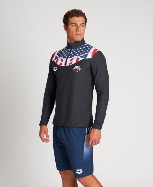 Black Arena Usa Swimming Team Kit Half Zip Shirt | DOYRASB-91