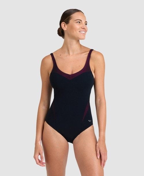 Black / Rose Purple Arena Isabel Lightcross Back One Piece | TMJCQRZ-73