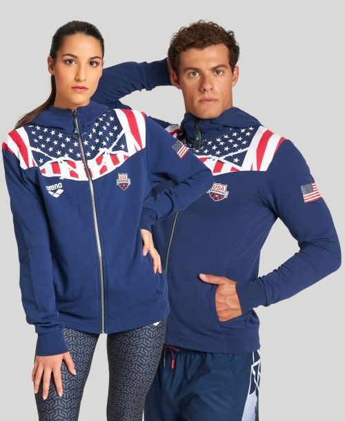 Navy Arena Usa Swimming Team Kit Hooded Zip Jacket | QIZAYNF-01