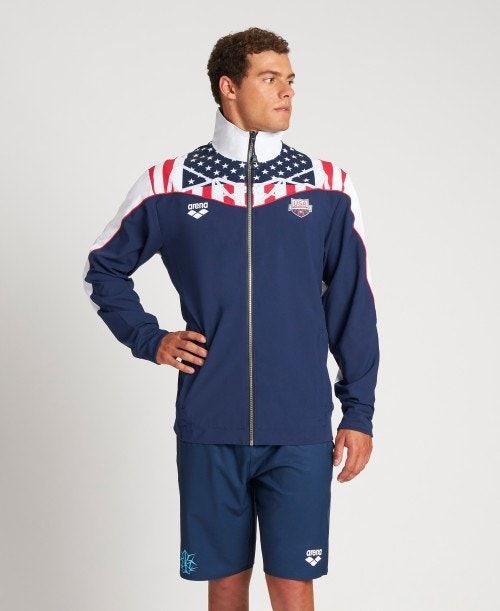 Navy / White Arena Usa Swimming Team Kit Warm Up Jacket | PGSVUEK-32